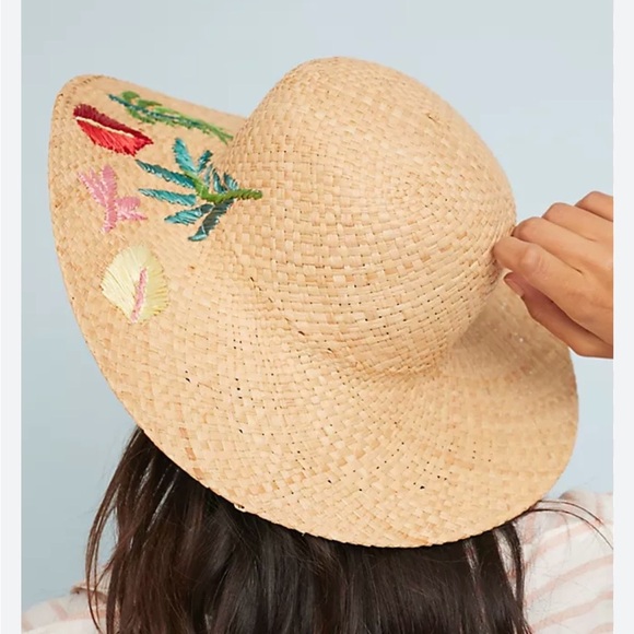 Anthropologie Accessories - Anthropolgie Straw Hat Embroidered Sun Hat Mother Nature Floppy OS Resort Summer